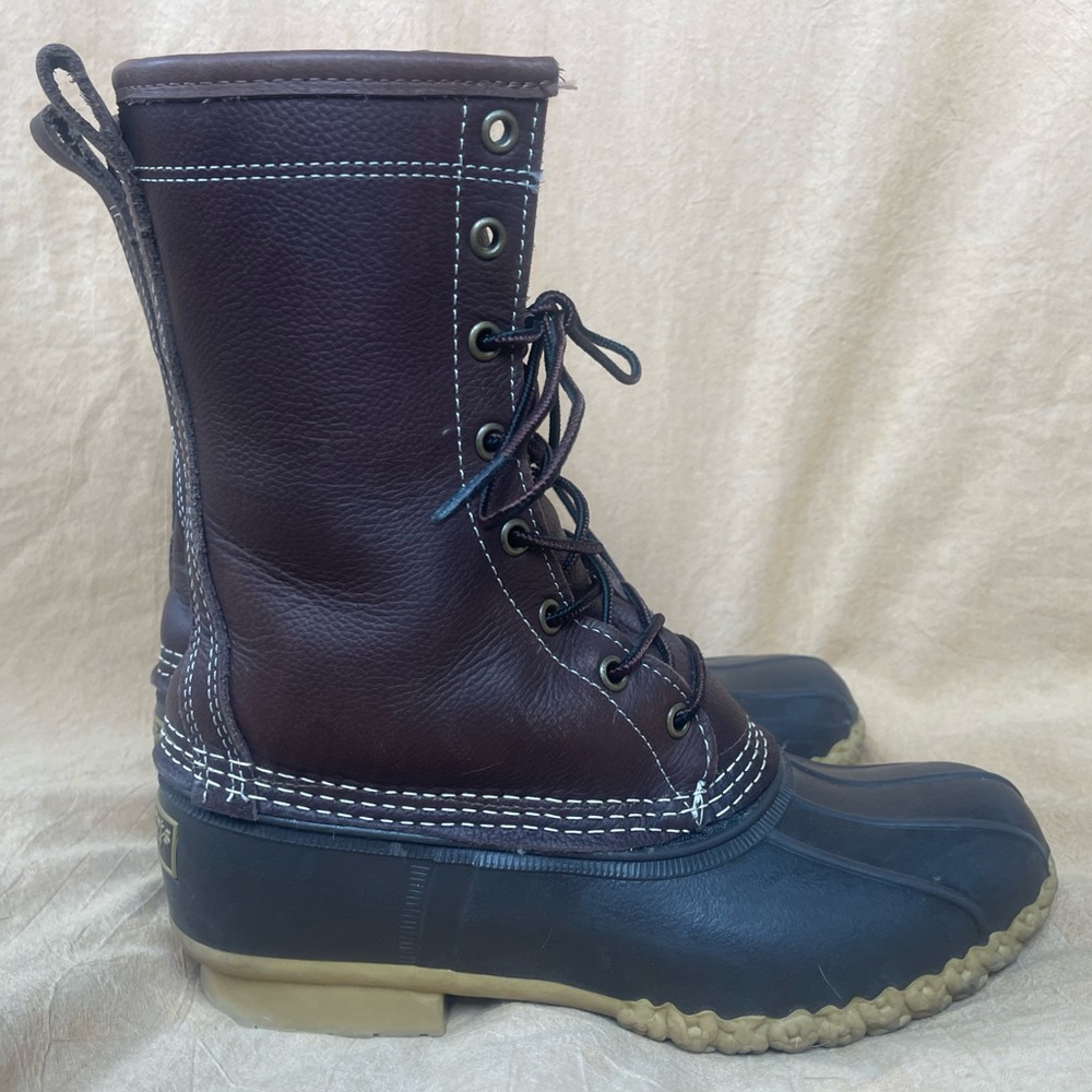 LL Bean Duck Boot Womens Size 7 Lace Up 10” brown Leather Shearling Lined